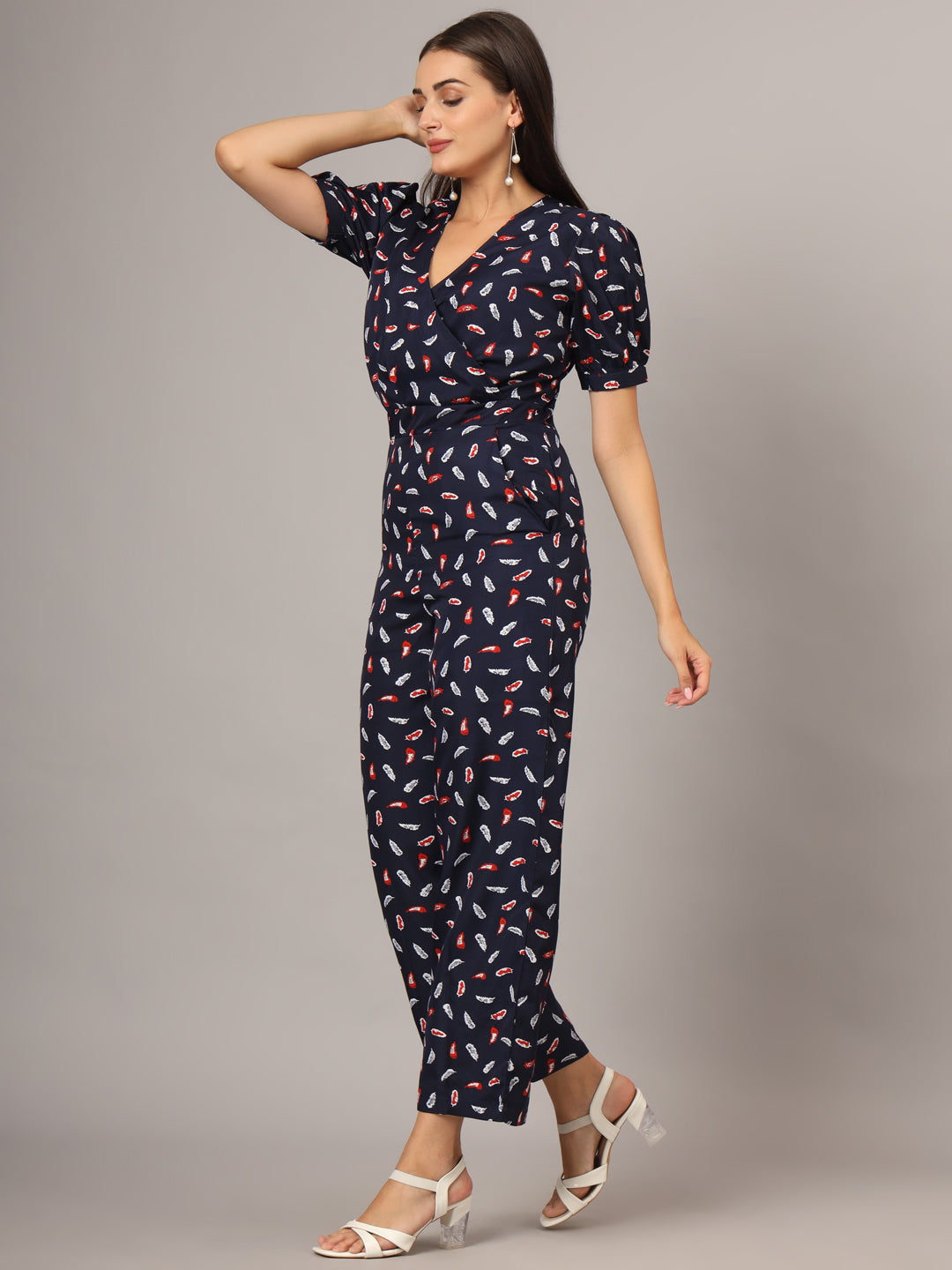 Printed V-Neck Basic Jumpsuit