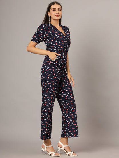 Printed V-Neck Basic Jumpsuit