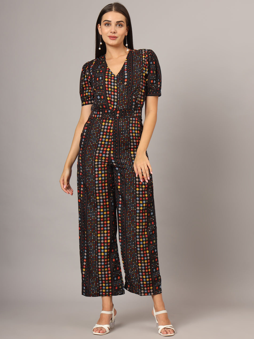 Printed V-Neck Basic Jumpsuit