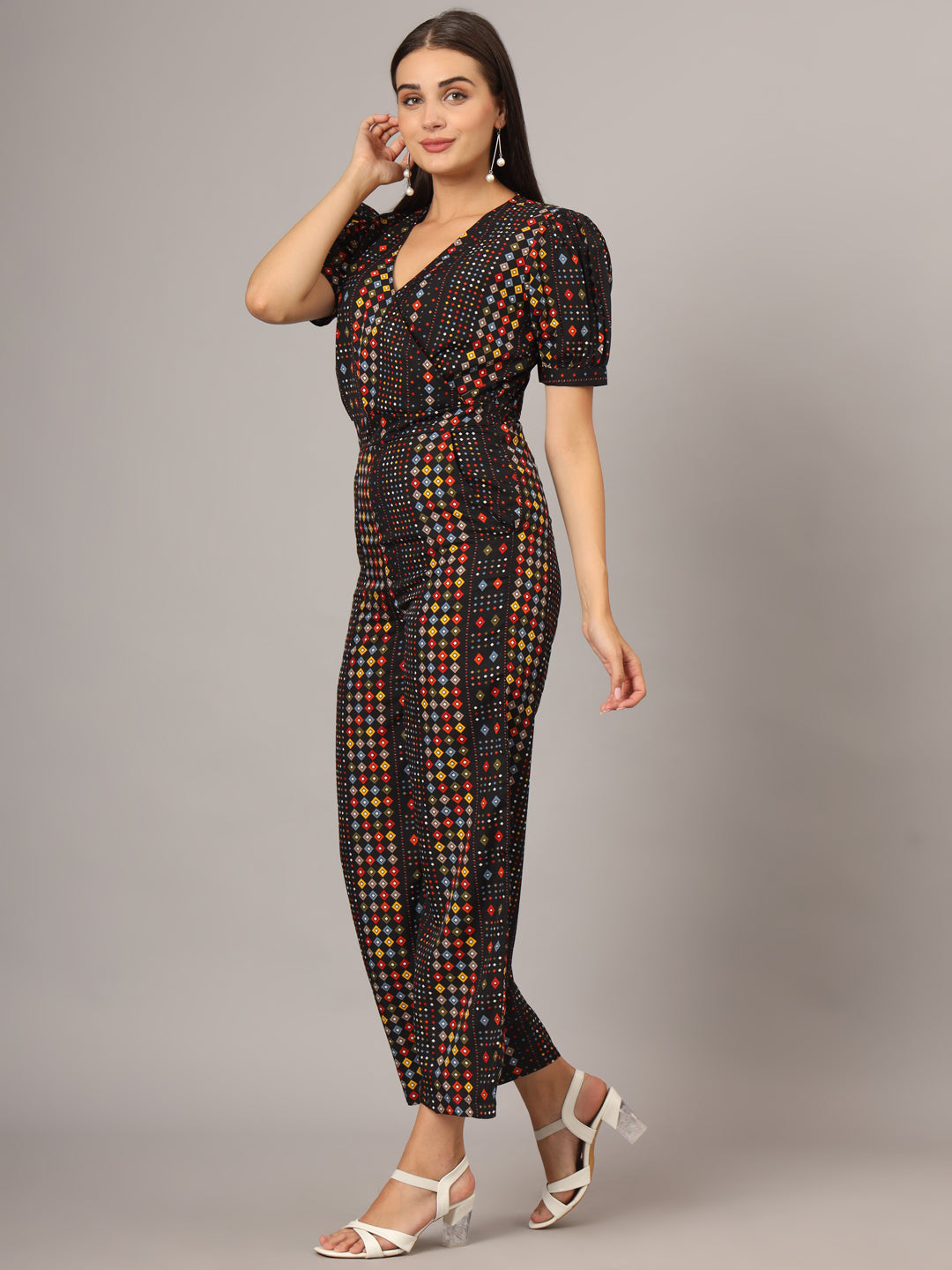 Printed V-Neck Basic Jumpsuit