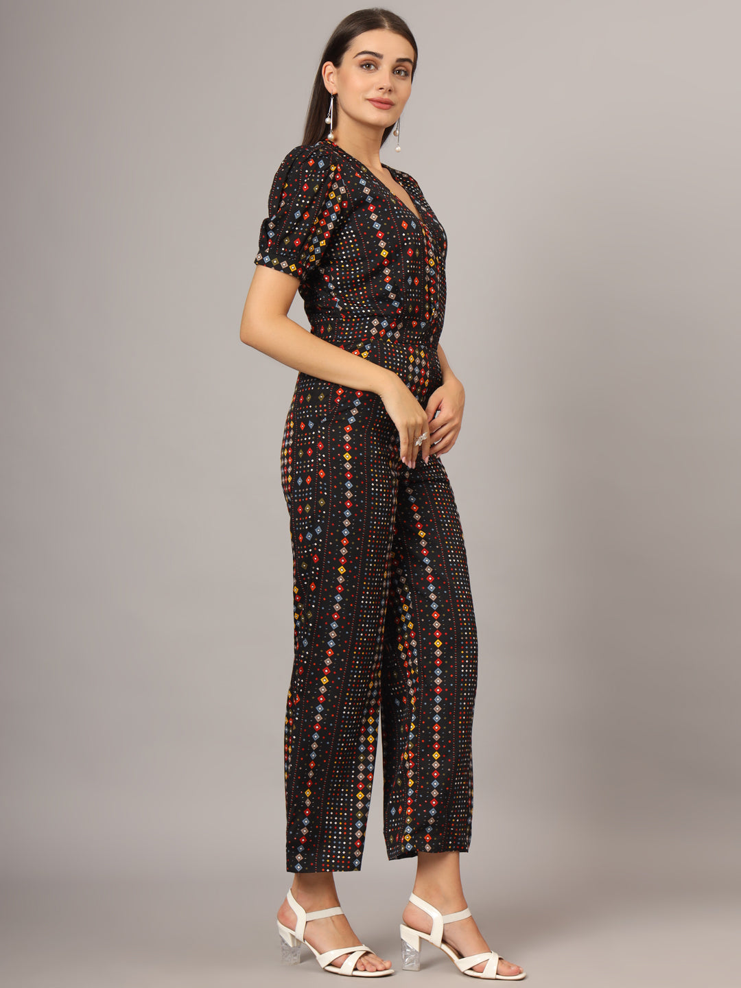 Printed V-Neck Basic Jumpsuit