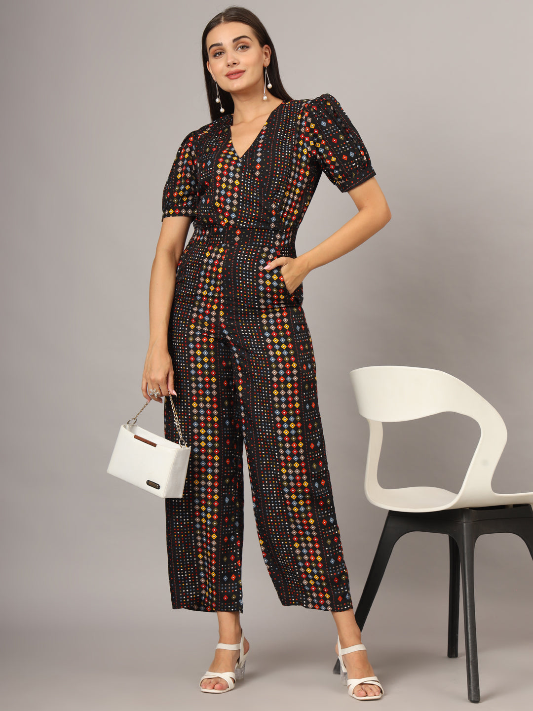 Printed V-Neck Basic Jumpsuit