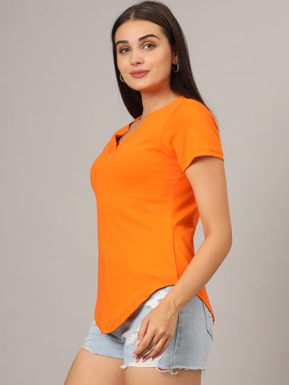 BRINNS Women Solid V-Neck Pure Cotton T-shirt