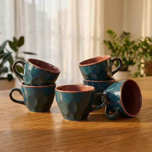 BRINNS Ceramic Coffee Mugs Set | Teal - Purple, 220 ml, Set of 6 Coffee Mugs | Glossy | Microwave and Dishwasher Safe | Perfect for Gifting, Home & Office Use