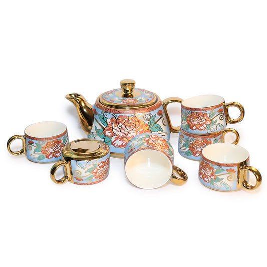 Tea Set | Golden Rose Printed |  Kettle (1200 ml) & 6 Cups (200 ml)
