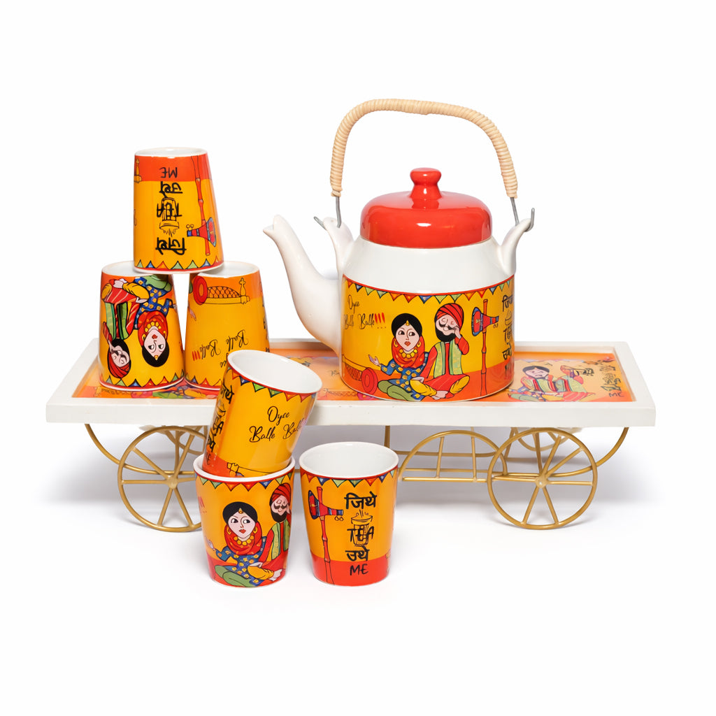 Balle Balle Tea Kettle & Glass Set with Cart Tray | Kettle (1200 ml) & 6 Glass (120 ml)