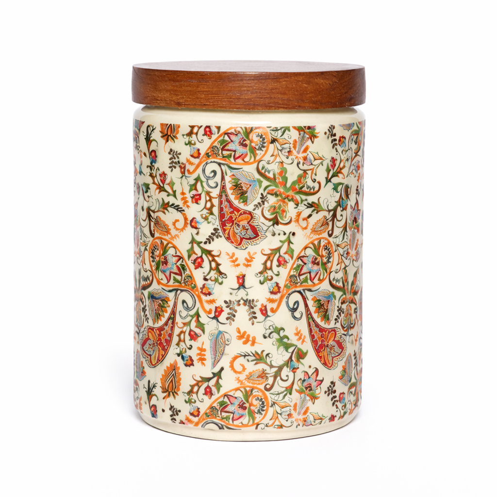 Floral Printed Jar with Wooden Lid| Multicolor | 900ml