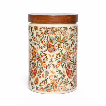 Floral Printed Jar with Wooden Lid| Multicolor | 900ml