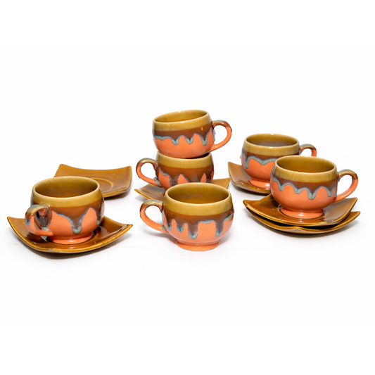 Tea Cups Saucer Set of 6 | Orange - Brown | 160 ml