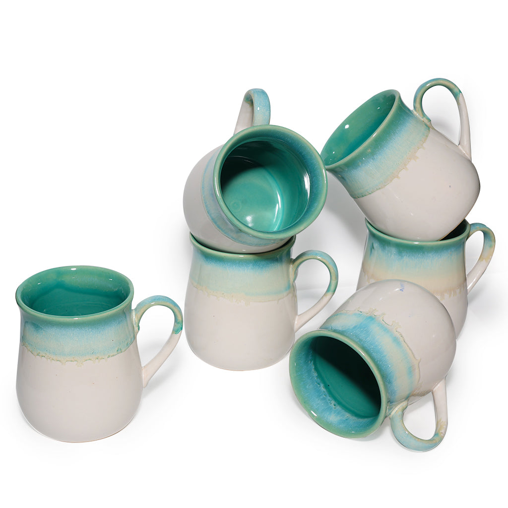 Milk Mugs Set of 6 | White-Teal | 400ml