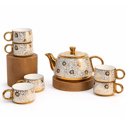 Tea Set | Golden-White | Kettle (1200 ml) & 6 Cups (200 ml)