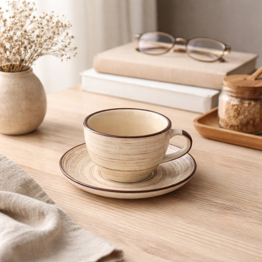 Coffee Mug Saucer Set | Cream - Brown | 300 ml