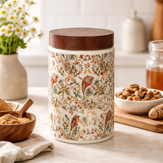 Floral Printed Jar with Wooden Lid| Multicolor | 900ml