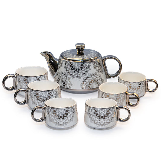 Tea Set | Silver-White | Kettle (1200 ml) & 6 Cups (200 ml)