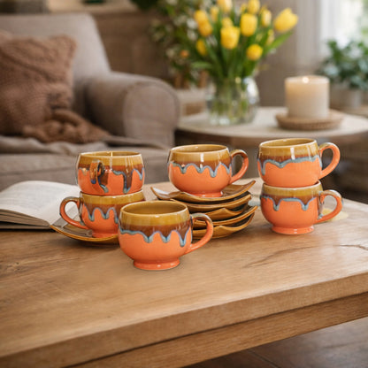 Tea Cups Saucer Set of 6 | Orange - Brown | 160 ml