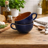 Soup Bowls with Handle| Blue - Brown, Set of 2, 400 ml