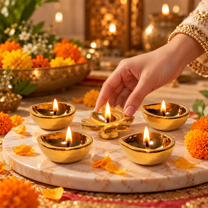 Ceramic Gold One Lotus Diya with 4 Diyas
