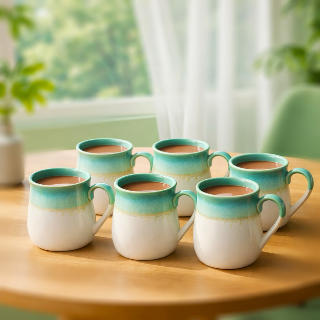 Milk Mugs Set of 6 | White-Teal | 400ml