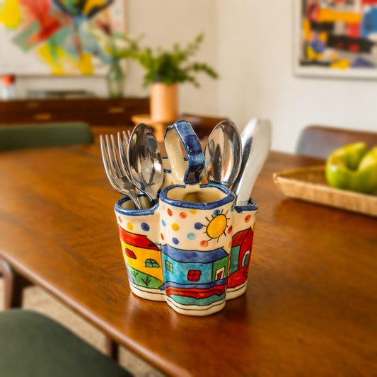 Handpainted Ceramic Spoon Stand & Cutlery Holder for Kitchen
