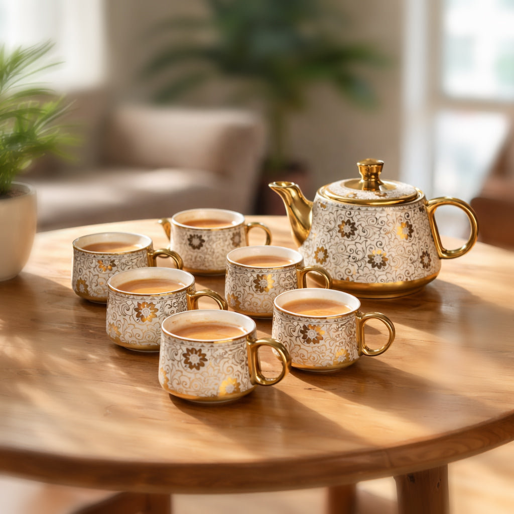 Tea Set | Golden-White | Kettle (1200 ml) & 6 Cups (200 ml)