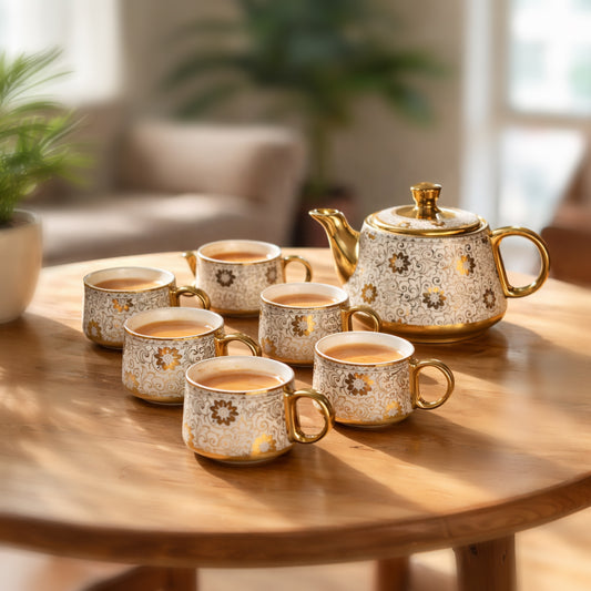 Tea Set | Golden-White | Kettle (1200 ml) & 6 Cups (200 ml)