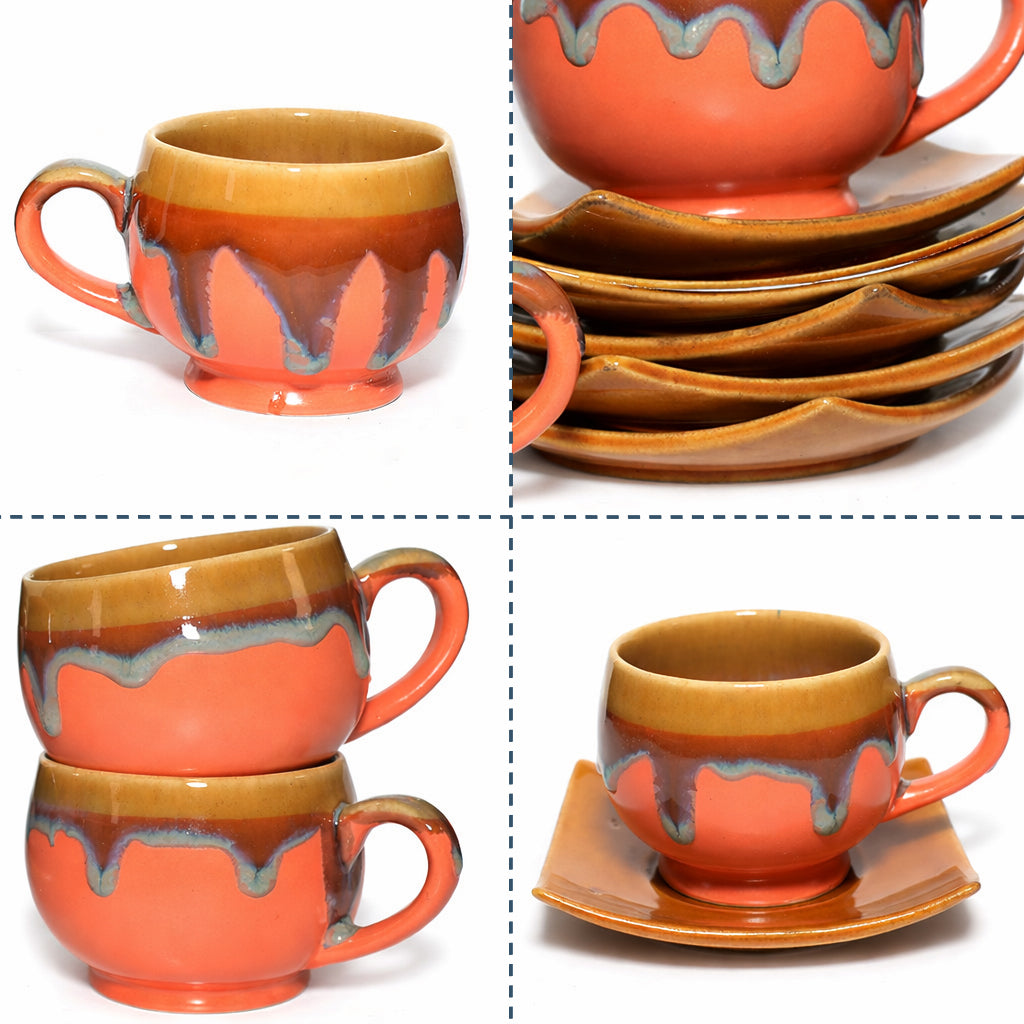 Tea Cups Saucer Set of 6 | Orange - Brown | 160 ml