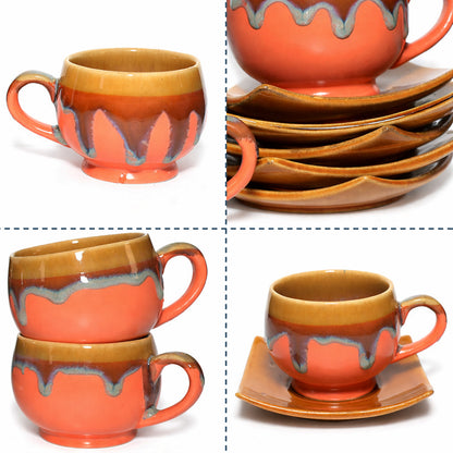 Tea Cups Saucer Set of 6 | Orange - Brown | 160 ml