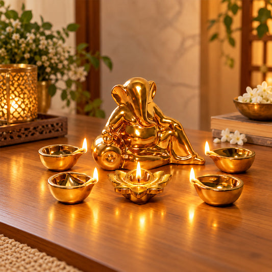 Ceramic Gold Lord Ganesh with Four diya & 1 Lotus Diys