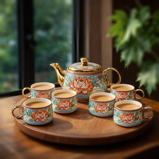 Tea Set | Golden Rose Printed |  Kettle (1200 ml) & 6 Cups (200 ml)