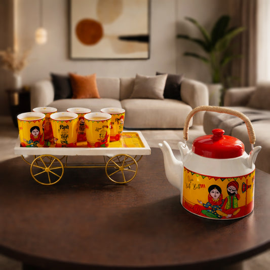 Balle Balle Tea Kettle & Glass Set with Cart Tray | Kettle (1200 ml) & 6 Glass (120 ml)