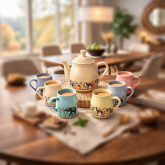 Royal Elephant Printed Tea Morning Set | Kettle (960 ml) & 6 Cups (160 ml)