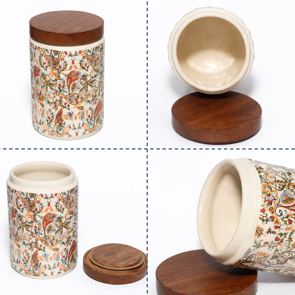 Floral Printed Jar with Wooden Lid| Multicolor | 900ml