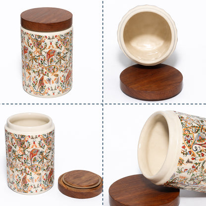 Floral Printed Jar with Wooden Lid| Multicolor | 900ml