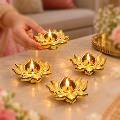 Ceramic 4 Lotus Diyas in Gold Color