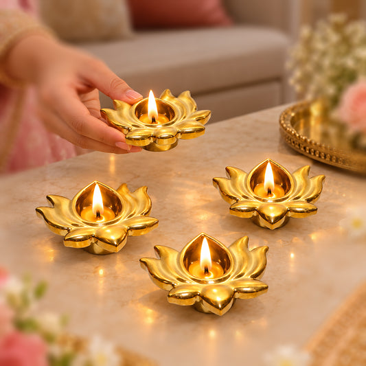Ceramic 4 Lotus Diyas in Gold Color