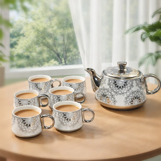 Tea Set | Silver-White | Kettle (1200 ml) & 6 Cups (200 ml)