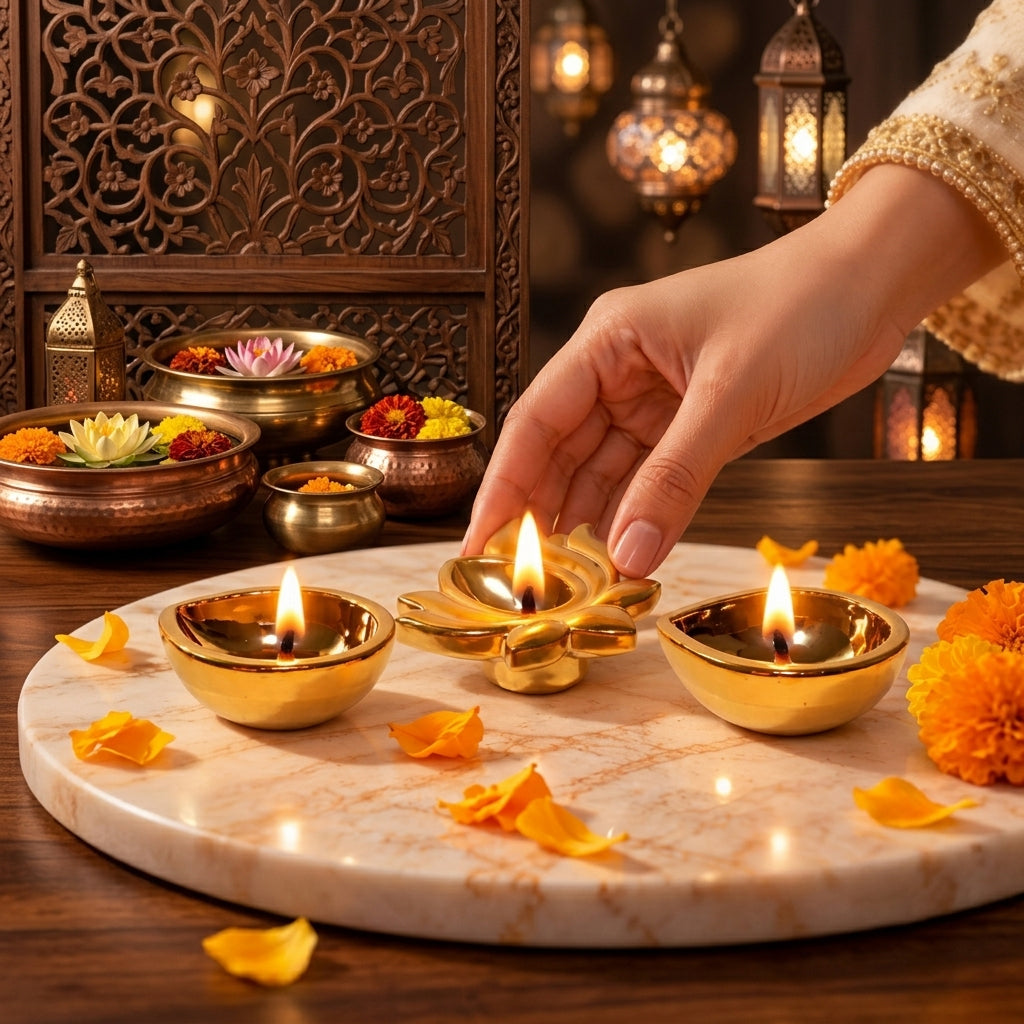 Ceramic Gold One Lotus Diya with 2 Diyas