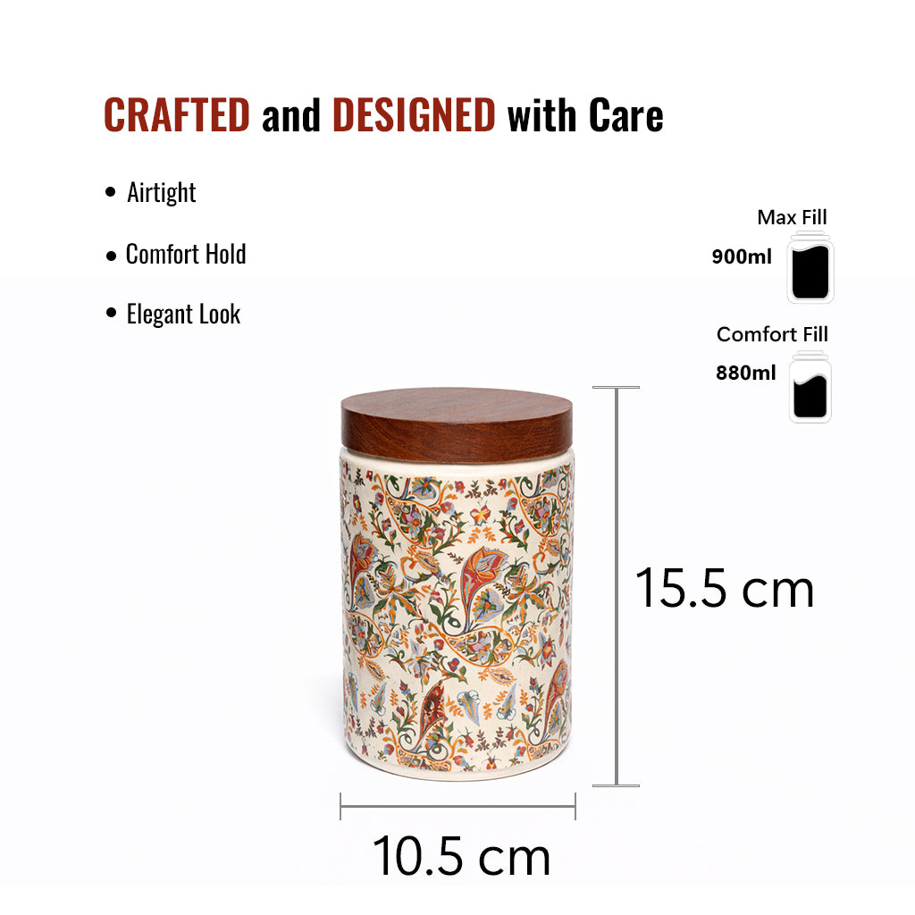 Floral Printed Jar with Wooden Lid| Multicolor | 900ml