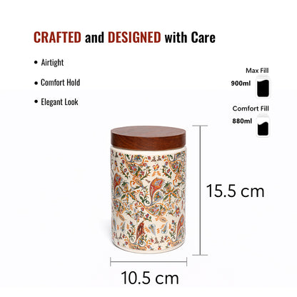 Floral Printed Jar with Wooden Lid| Multicolor | 900ml