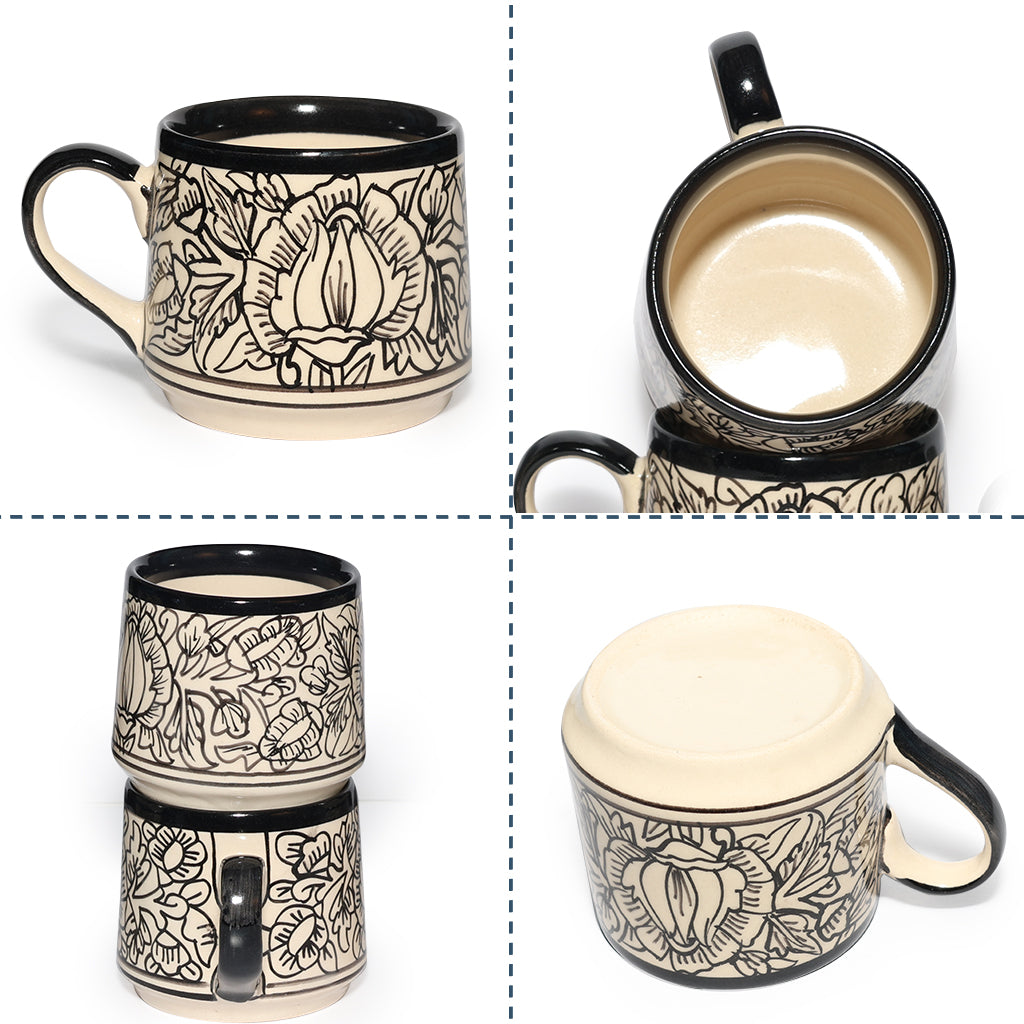 Tea Cups Set of 6 | Cream - Black 'Kalamkari' Painting | 170ml