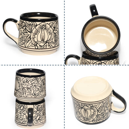 Tea Cups Set of 6 | Cream - Black 'Kalamkari' Painting | 170ml