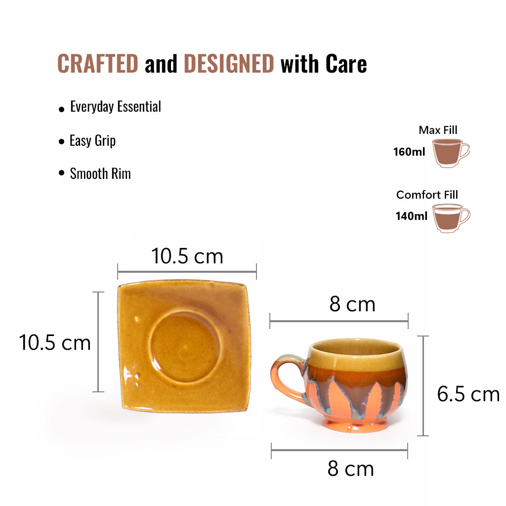 Tea Cups Saucer Set of 6 | Orange - Brown | 160 ml
