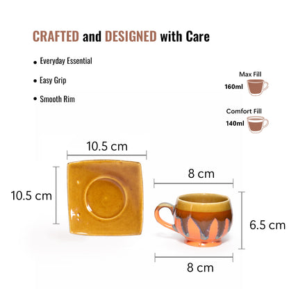 Tea Cups Saucer Set of 6 | Orange - Brown | 160 ml