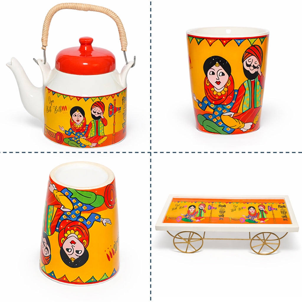 Balle Balle Tea Kettle & Glass Set with Cart Tray | Kettle (1200 ml) & 6 Glass (120 ml)
