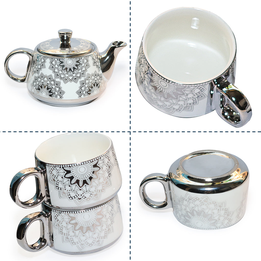Tea Set | Silver-White | Kettle (1200 ml) & 6 Cups (200 ml)