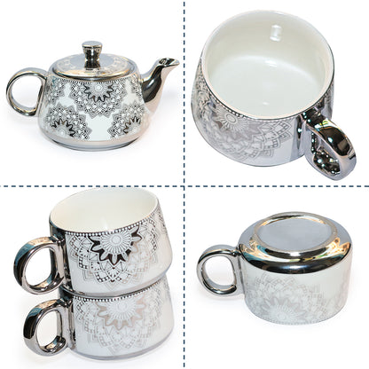 Tea Set | Silver-White | Kettle (1200 ml) & 6 Cups (200 ml)