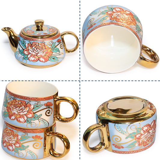 Tea Set | Golden Rose Printed |  Kettle (1200 ml) & 6 Cups (200 ml)