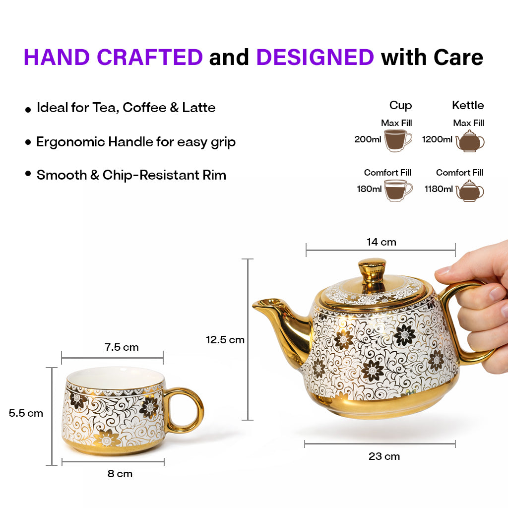 Tea Set | Golden-White | Kettle (1200 ml) & 6 Cups (200 ml)