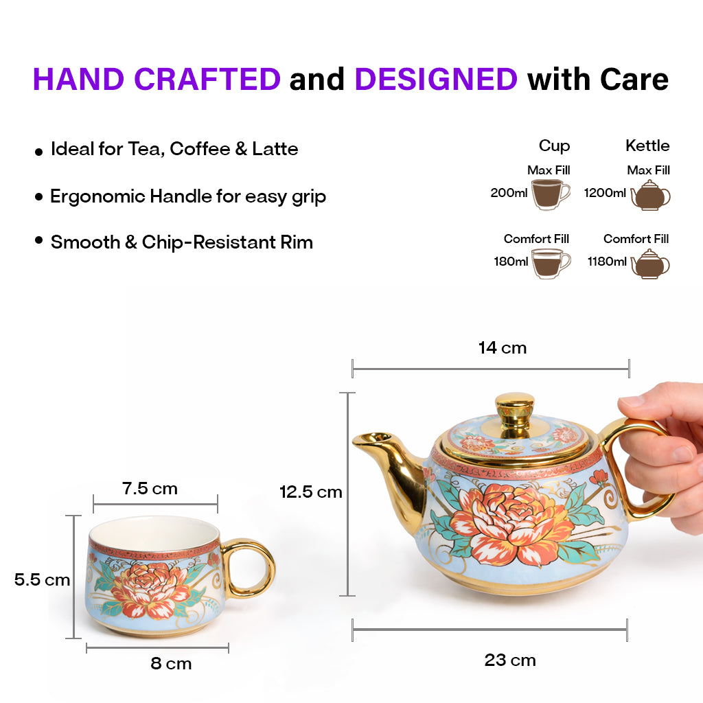 Tea Set | Golden Rose Print |  Kettle (1200 ml) & 6 Cups (200 ml)