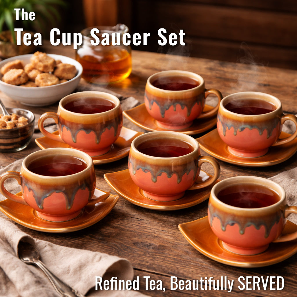 Tea Cups Saucer Set of 6 | Orange - Brown | 160 ml